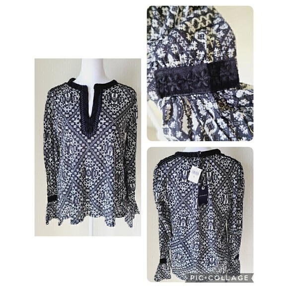 Lucky Brand Velvet Tunic Women Small Embroidered Boho Black NWT Bell Sleeves NWT - Picture 1 of 12